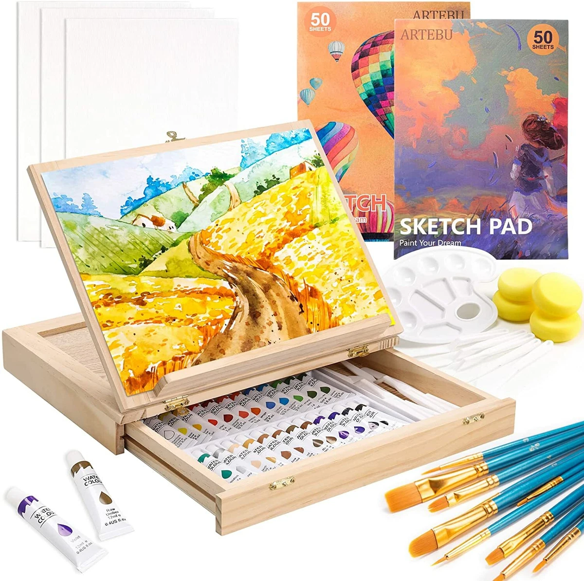 Painting Supplies Set, 49-Piece Watercolor Painting Kit with Adjustable  Wooden E