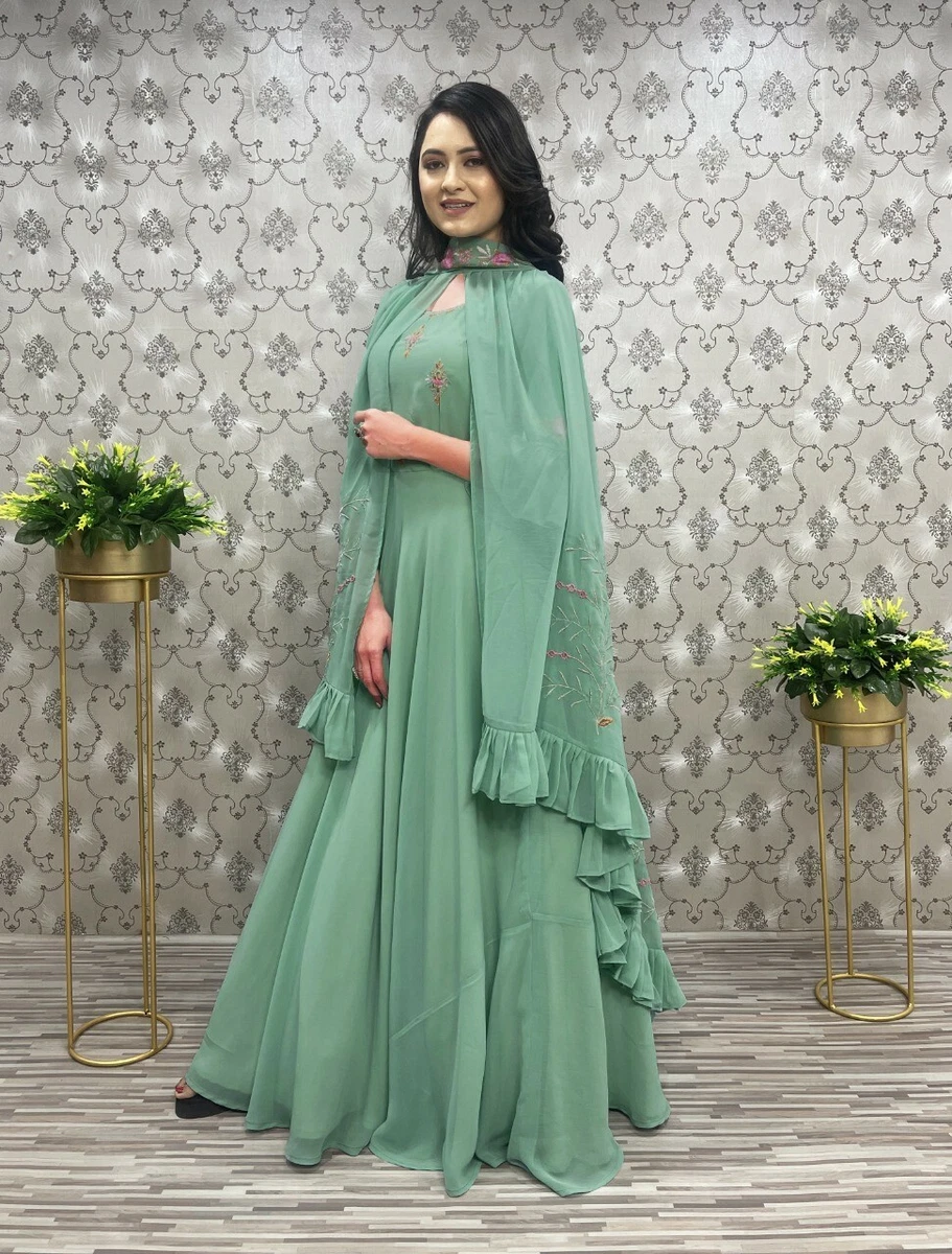Three in One Style Gown Umbrella Flair Stitched Long Green