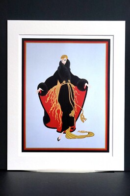 ​エルテ Erte 魅力 アールデコ調 額装品 アフロ 美人画 黒 赤 大判 Erte 1987 LADY in LONG BLACK FUR CLOAK w RED LINING Art Deco