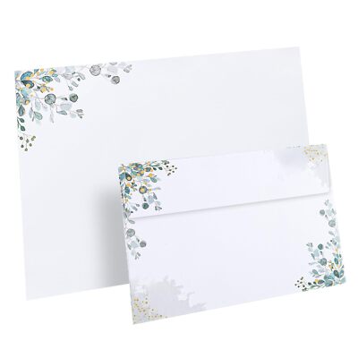 Pack of 40 Letter Paper with Envelopes, Printed Leaf Pattern Envelopes, C6