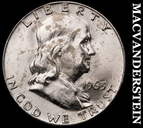 1963-D Silver Franklin Half Dollar - Splotchy  Choice Gem Brilliant Unc  #G8233