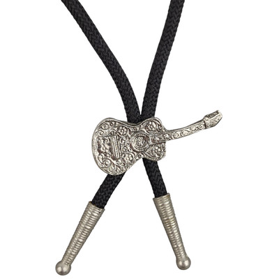 Vtg Silvertone Tips Pewter Color 3dD Guitar Music Black Cord Bolo Tie Western Vg