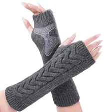 Womens Arm Warmers Fingerless Gloves Cable Knit Fleece Lined Warm Half Grey