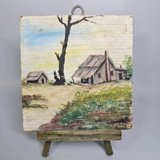 Primitive Painting Outsider Folk Art Southern Cabin Shack Naive Small Easel Vtg