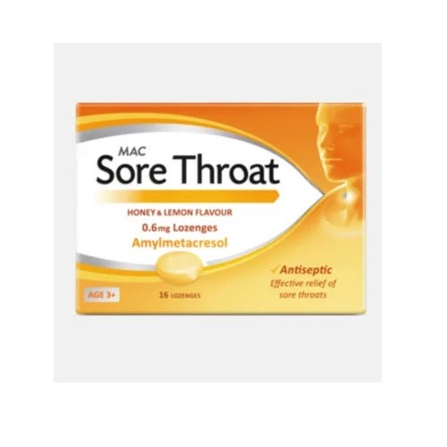 Mac Sore Throat Honey & Lemon Flavour 12 Lozenges - Effective & Soothing Relief