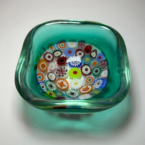 Antique Murano Incalmo Millefiori Archimede Seguso Glass Bowl Dish MCM Rare Teal