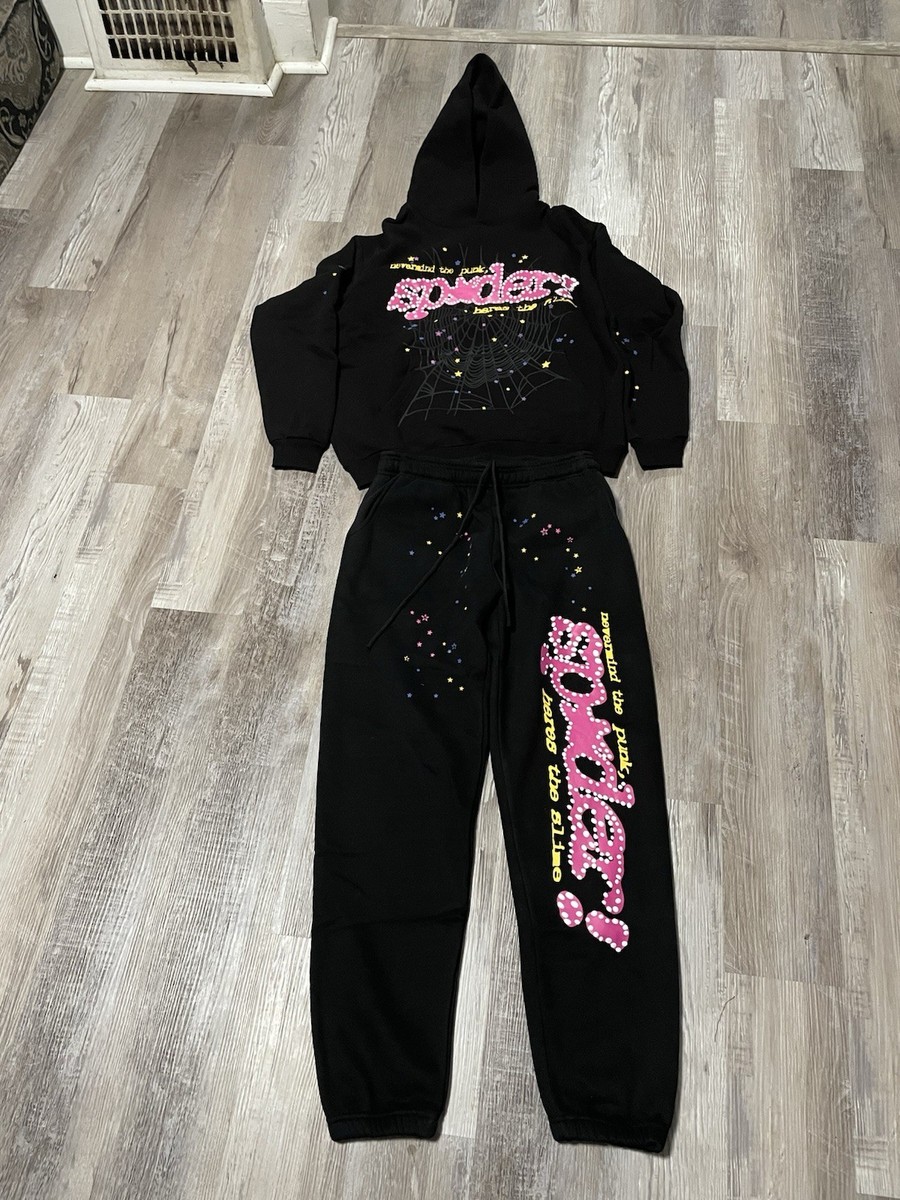 sp5der Men's Black Hoodie & Pants Tracksuit Set Stars Spider Web 2