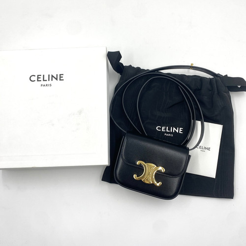 Auth CELINE Mini Claude Shoulder Bag Triomphe Leather Black Japan