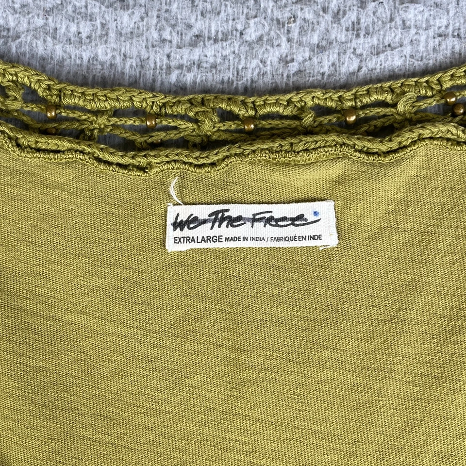We The Free People Top XL Green Knit Beaded Crochet 3/4 Sleeve Cotton Ribbed - Image 3 of 4