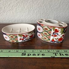 Vintage Japanese Ceramic MCM Bathroom Set Toothbrush Holder Soap Dish Floral