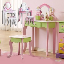 Kids Girls Vanity Table Set Makeup Dressing with Stool  Mirror with Drawer USA