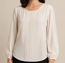 Tahari White Lace Trim Long Sleeve Blouse XL NWT Scoop Neck Feminine Top $88