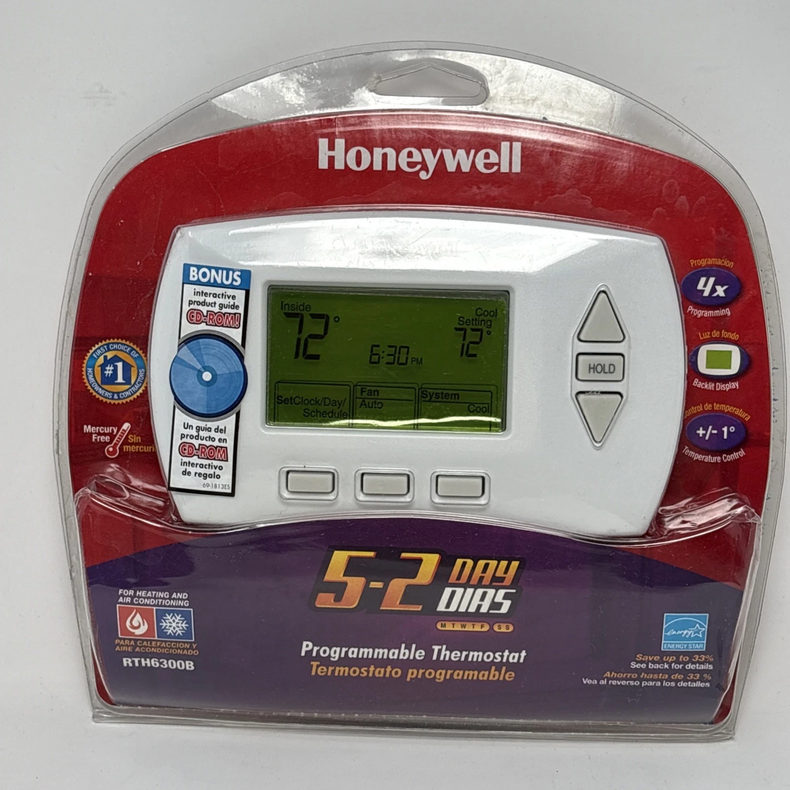 Honeywell, Programmable Thermostat, RTH6300B, 5-2 Day Backlit Display New Sealed