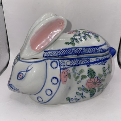 Vintage 70er Jahre Chinesisches Porzellan Hase Schmuckkästchen Handbemalt Blau & Rosa