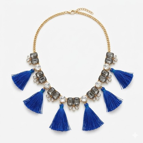 J.Crew Blue Tassel Crystal Statement Necklace Gold Tone Mixed Gemstone Fringe