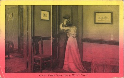 You'll Come Soon Dear, Won't You? Man and Woman Hugging Lovers Vintage Postcard