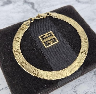 Auth Vintage GIVENCHY 4G Logo Flat Herringbone Chain Bracelet Gold Plated Luxury