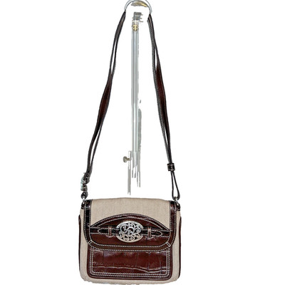 Brighton Tan Canvas and Brown Croc-Embossed Leather Crossbody Silver Medallion