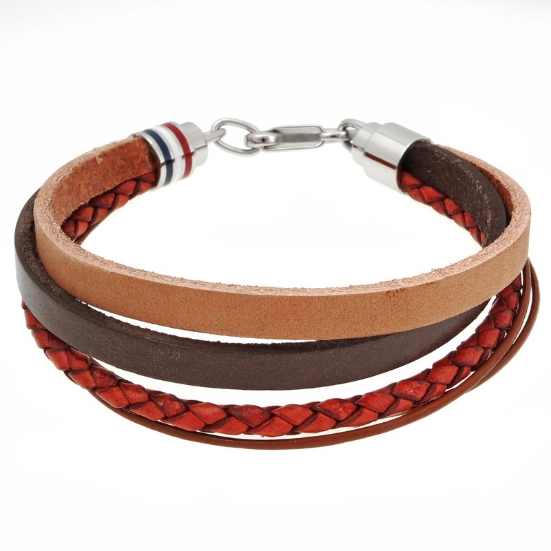 Multi-Color Triple Band Genuine Leather and Stainless Steel Bracelet - 9 Inch
