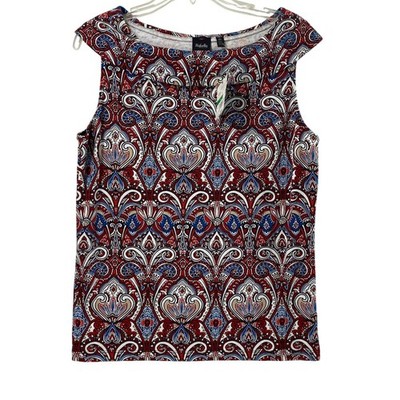 Rafaella Top Women Large Knit Sleeveless Boat Neck Red White Blue Print Summer