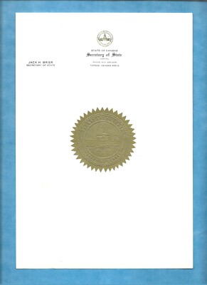 Kansas Secretary of State Jack Brier 1978-1987 Stationery Embossed State Seal