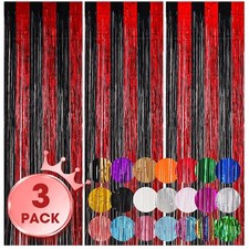 3 Pack Red Black Foil Fringe Backdrop Curtains 3.3x8.2 Feet Party Decoration