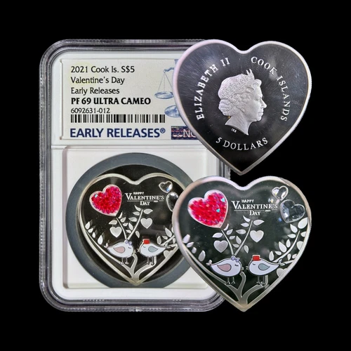 COOK ISLANDS. 2021, 5 Dollars, Silver - NGC PF69 - Valentine's Day Bird Couple 1