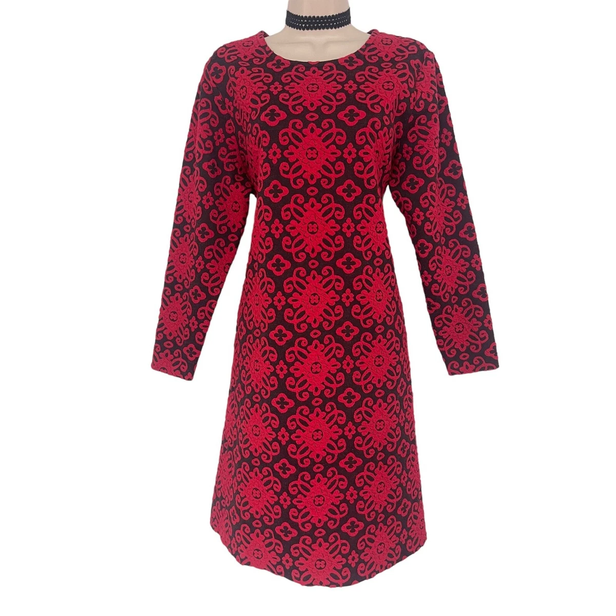 Size Large VINTAGE RED BLACK KNIT SHIFT DRESS Fall Winter