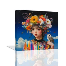 Dream Girl Poster Prints Wear Colorful Flowers on Their Heads Canvas Wall Art 42