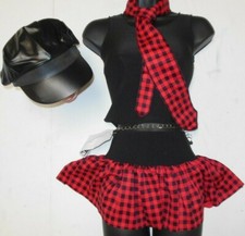 4 piece jazz costume checkered skirt tie chain accent black tank girls szs w/hat