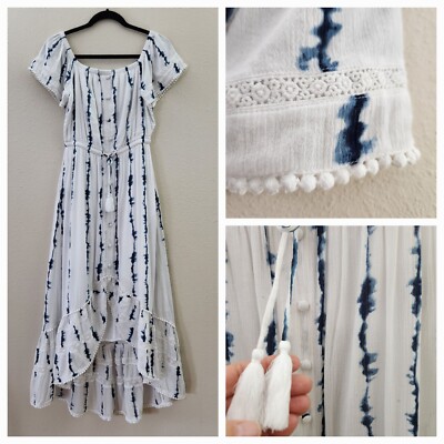 Womens S Cotton Blend Ruffle Hi-Low Midi Dress Gauzy Flowy Lace & Pom Pom Trim Womens S Cotton Blend Ruffle Hi-Low Midi Dress Gauzy Flowy Lace & Pom Pom Trim