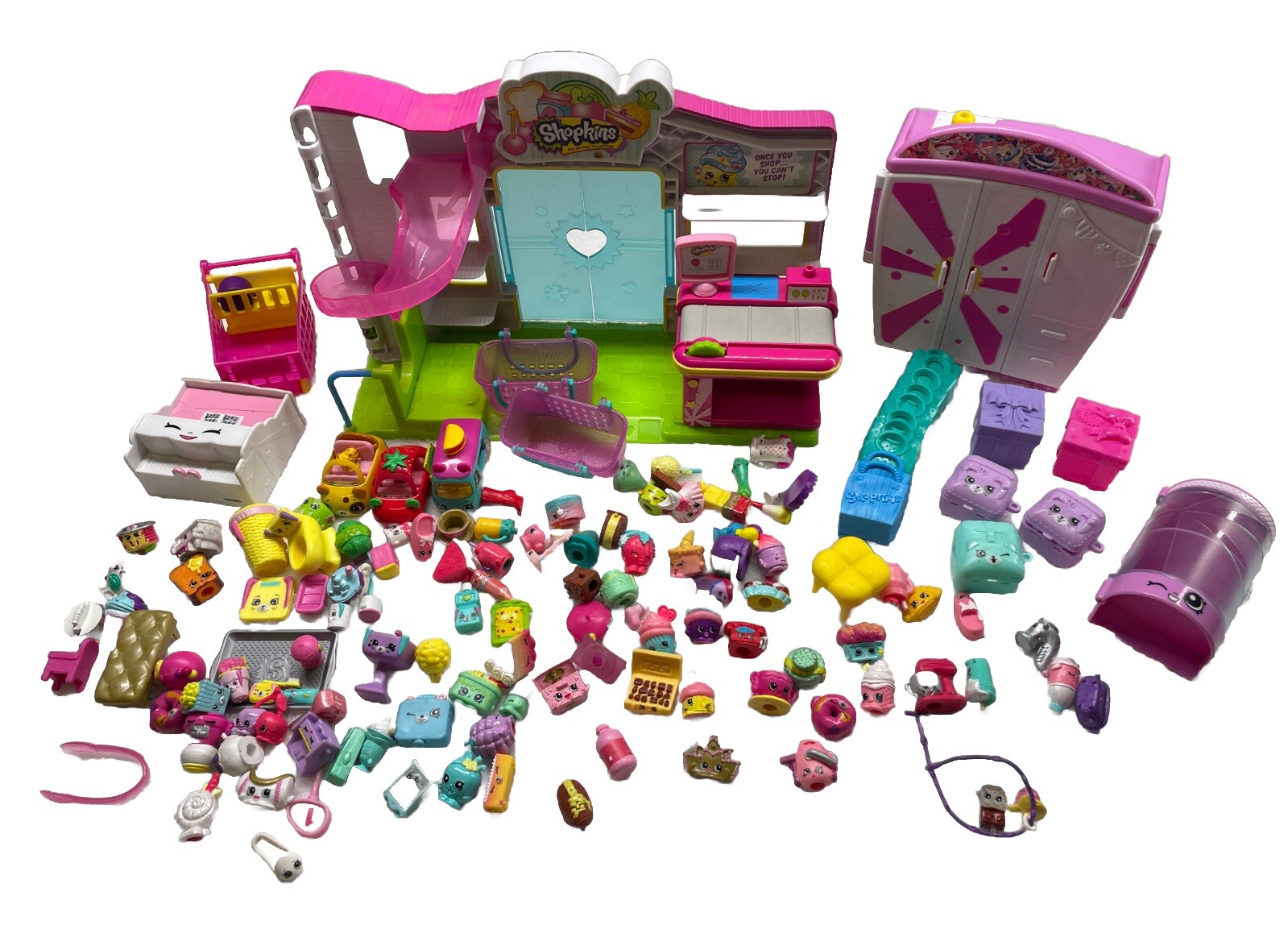 SHOPKINS Toy Lot of Over 100 pieces Figures Mini Play Figures Cars Baskets