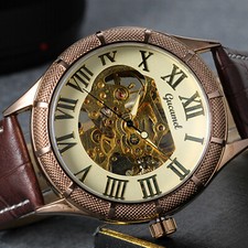 Men's Skeleton Roman Numeral Leather Strap Brown Leather Automatic Wrist Watch