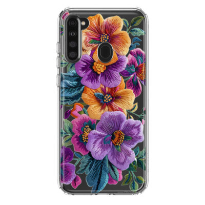 Mundaze Case for Samsung Galaxy A21 Cover Embroidered Pink Purple Flowers