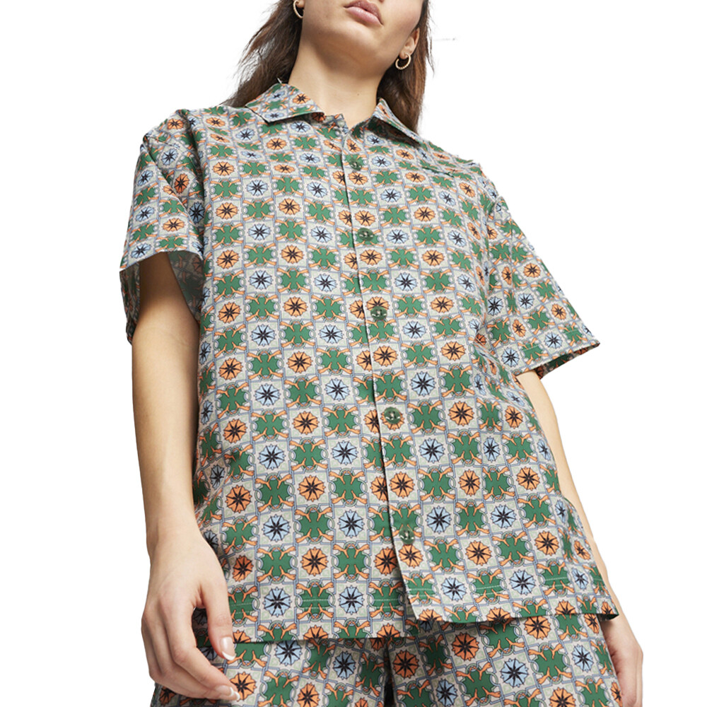 Puma Classics Новая дизайнерская тканая рубашка на пуговицах с графическим рисунком Мужские повседневные топы зеленого цвета 6278