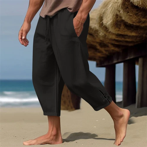 Men's Summer Cotton Linen Drawstring 3/4 Length Pants Casual Baggy Capri Shorts - Bild 14 von 39