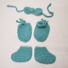 Baby Boy Crochet Handmade Teal Bowtie Mittens and Booties New 3 Piece Set