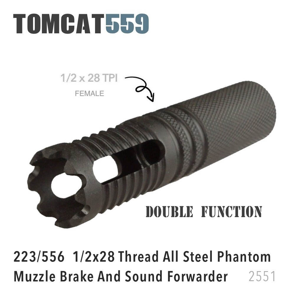 Steel Phantom Muzzle Brake 1/2x28 TPI Thread Sound Forward Design