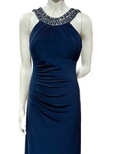 Xscape Long Sheer Navy Blue Beaded Top Dress Size 6 Stretch  Ball Gown New Stone
