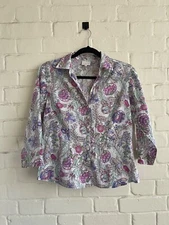 East Women's Floral Blouse Indian Cotton Button down 3/4 Sleeved blouse uk 8