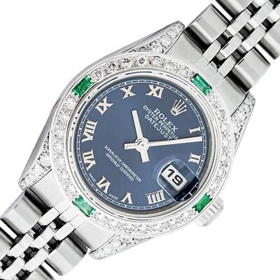 Rolex Lady Datejust 26 Steel and 18k Gold Blue Roman Diamond Emerald Bezel Watch