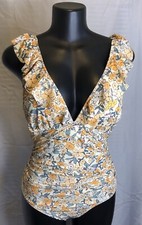 NWT Cupshe Women One Piece Swimsuit Size Medium Cream Floral Orange Green Ruffle