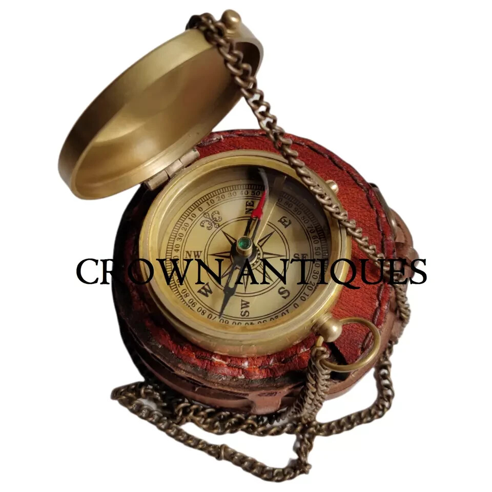 Victorian Brass Pocket Compass Antique Retro Gift with Case and Chain  