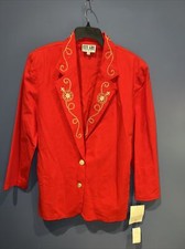 12 Red Blazer Jacket Women's Gold Metallic Trim Vintage City Girl Sport Long