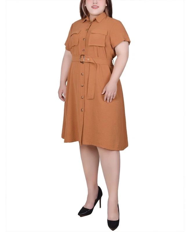 NY Collection Women's Plus Size Short Sleeve Belted Shirt Dress (Meerkat, 2X) - Image 2 of 4