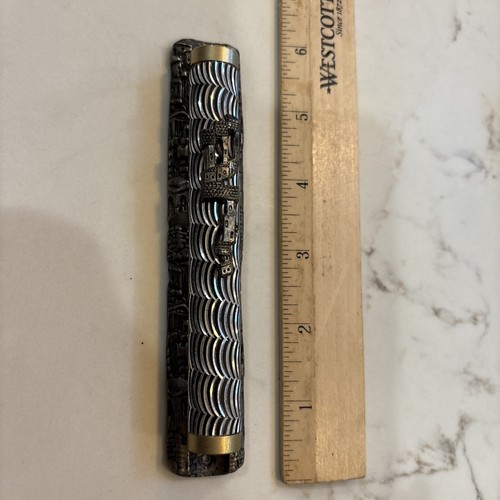 Jewish 6.5" Rounded Silver Mezuzah With Embossed Design W/Scroll Made In Israel