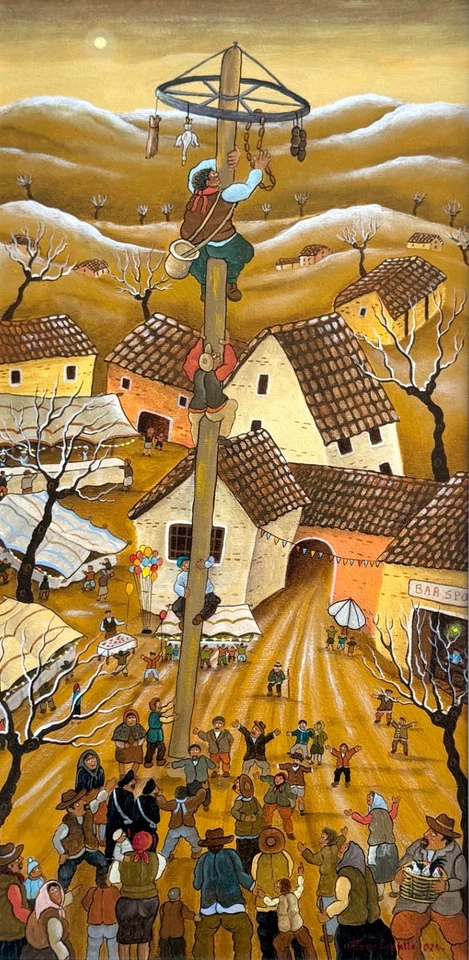 ANTONIO CAPUZZO 60x30 olio su tela " La cuccagna " autentica su foto e cornice - Immagine 2 di 3