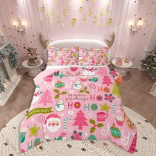 Pink Christmas Comforter Set, Cartoon Santa Claus Bedding Set Queen Size for ...