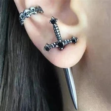 2pcs Gothic Sword Stud Earrings, Vintage Punk Crystal Dagger Ear Piercing Jewelr