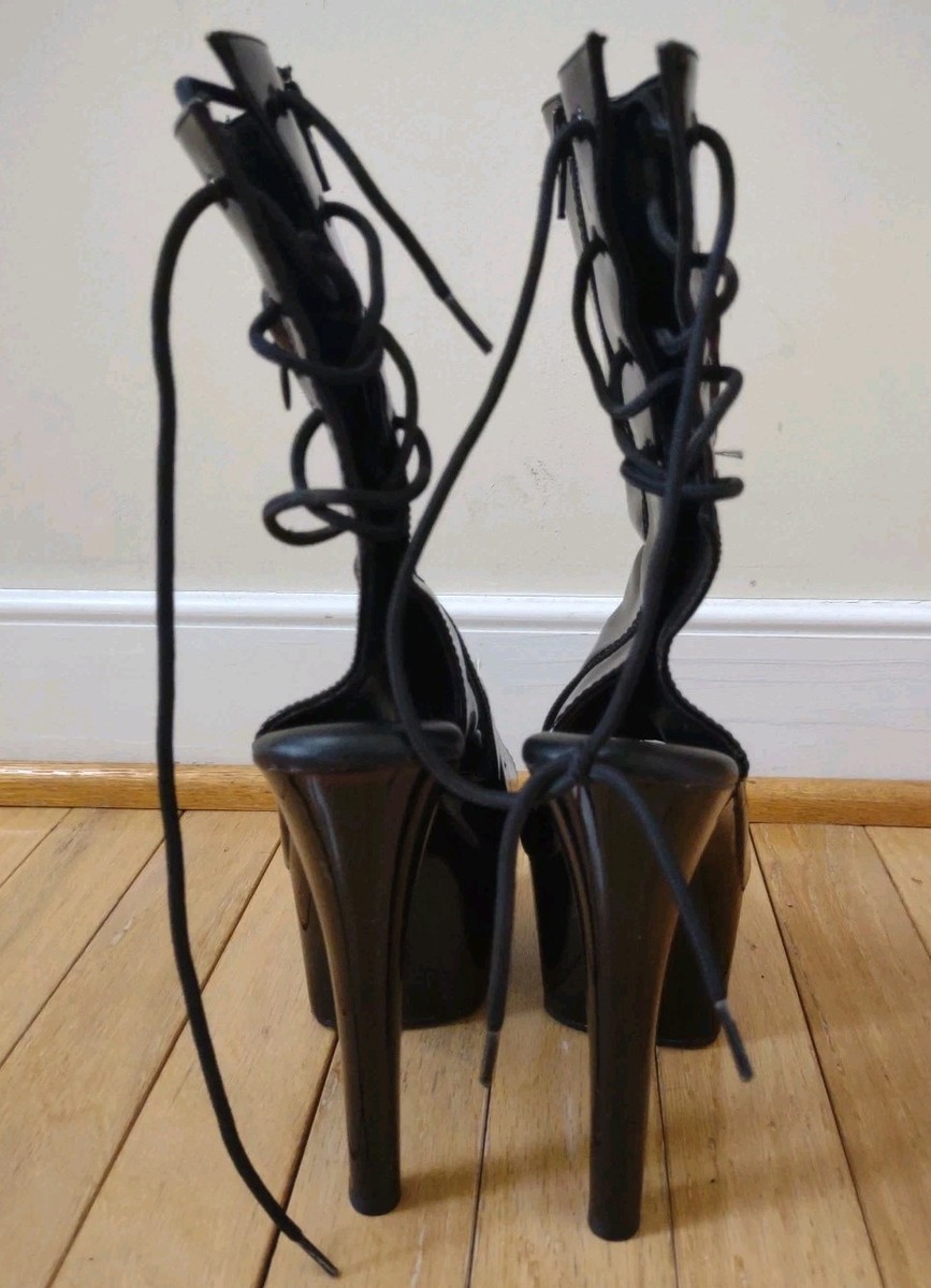 Pleaser Delight-1018 Boots Size 9 Black Patent Platform Lace Up Open Toe Dancer View 2